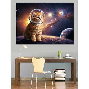 Uzayda Astronot Kedi Dekoratif Kanvas - Mdf Ahşap Tablo 100x140 cm
