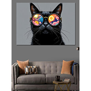 Gözlüklü Renkli Kedi İllüstrasyon Dekoratif Kanvas - Mdf Ahşap Tablo 100x140 cm