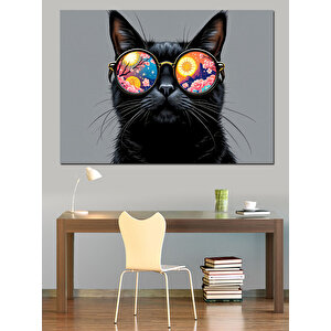 Gözlüklü Renkli Kedi İllüstrasyon Dekoratif Kanvas - Mdf Ahşap Tablo 100x140 cm