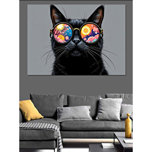 Gözlüklü Renkli Kedi İllüstrasyon Dekoratif Kanvas - Mdf Ahşap Tablo 100x140 cm