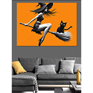 Uçan Cadı Ve Kara Kedi Dekoratif Kanvas - Mdf Ahşap Tablo