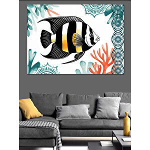 Mercanlar Arasında Siyah Balık Dekoratif Kanvas - Mdf Ahşap Tablo 100x140 cm