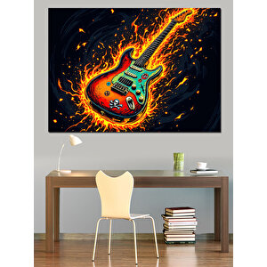 Alevler İçinde Elektro Gitar Dekoratif Kanvas - Mdf Ahşap Tablo 50x70 cm