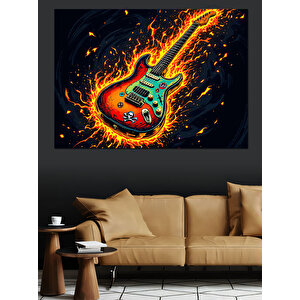 Alevler İçinde Elektro Gitar Dekoratif Kanvas - Mdf Ahşap Tablo 50x70 cm