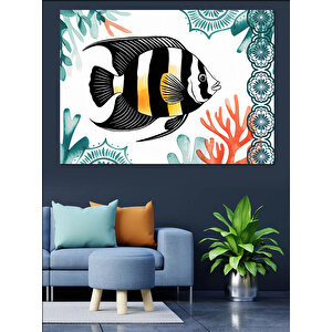Mercanlar Arasında Siyah Balık Dekoratif Kanvas - Mdf Ahşap Tablo
