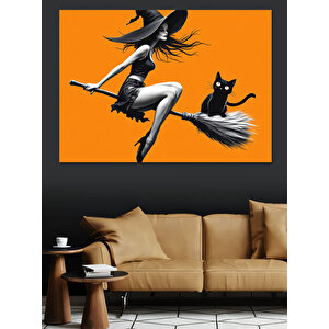Uçan Cadı Ve Kara Kedi Dekoratif Kanvas - Mdf Ahşap Tablo 100x140 cm