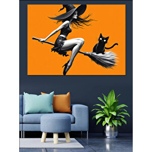 Uçan Cadı Ve Kara Kedi Dekoratif Kanvas - Mdf Ahşap Tablo 100x140 cm