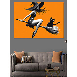 Uçan Cadı Ve Kara Kedi Dekoratif Kanvas - Mdf Ahşap Tablo 100x140 cm