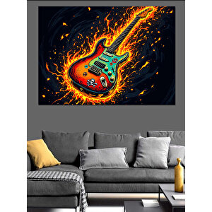 Alevler İçinde Elektro Gitar Dekoratif Kanvas - Mdf Ahşap Tablo 100x140 cm