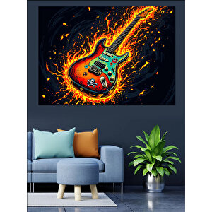 Alevler İçinde Elektro Gitar Dekoratif Kanvas - Mdf Ahşap Tablo