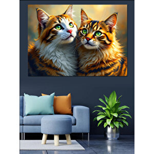 İki Kedi Sevimli Bakış Dekoratif Kanvas - Mdf Ahşap Tablo