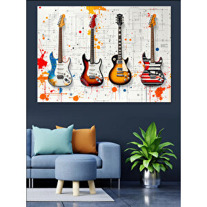 Renkli Gitar Koleksiyonu Dekoratif Kanvas - Mdf Ahşap Tablo 70x100 cm