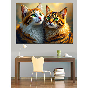 İki Kedi Sevimli Bakış Dekoratif Kanvas - Mdf Ahşap Tablo 35x50 cm