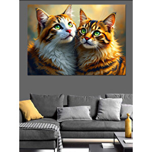 İki Kedi Sevimli Bakış Dekoratif Kanvas - Mdf Ahşap Tablo 35x50 cm