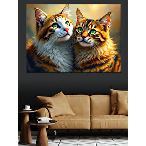 İki Kedi Sevimli Bakış Dekoratif Kanvas - Mdf Ahşap Tablo 50x70 cm
