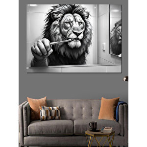 Dişlerini Fırçalayan Aslan Aslan Dekoratif Kanvas - Mdf Ahşap Tablo 25x35 cm