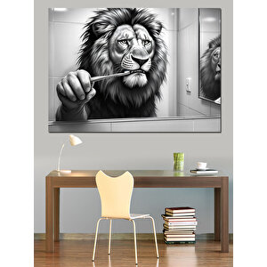 Dişlerini Fırçalayan Aslan Aslan Dekoratif Kanvas - Mdf Ahşap Tablo 25x35 cm
