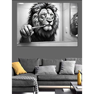 Dişlerini Fırçalayan Aslan Aslan Dekoratif Kanvas - Mdf Ahşap Tablo 25x35 cm