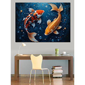 Mavi Derinlikte Koi Balıkları Dekoratif Kanvas - Mdf Ahşap Tablo 100x140 cm