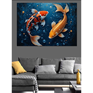 Mavi Derinlikte Koi Balıkları Dekoratif Kanvas - Mdf Ahşap Tablo 100x140 cm