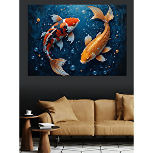 Mavi Derinlikte Koi Balıkları Dekoratif Kanvas - Mdf Ahşap Tablo 100x140 cm