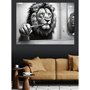 Dişlerini Fırçalayan Aslan Aslan Dekoratif Kanvas - Mdf Ahşap Tablo