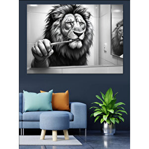 Dişlerini Fırçalayan Aslan Aslan Dekoratif Kanvas - Mdf Ahşap Tablo