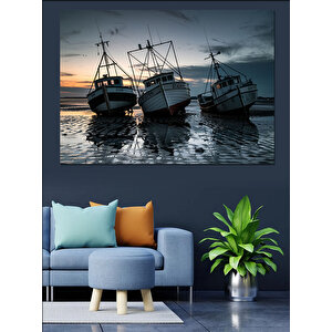 Denizde Demirleyen Balıkçı Tekneleri Dekoratif Kanvas - Mdf Ahşap Tablo 100x140 cm