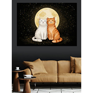 Ay Işığında Mutlu Kediler Dekoratif Kanvas - Mdf Ahşap Tablo