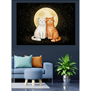 Ay Işığında Mutlu Kediler Dekoratif Kanvas - Mdf Ahşap Tablo