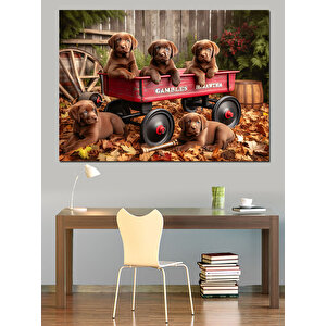 Küçük Arabada Yavru Köpekler Dekoratif Kanvas - Mdf Ahşap Tablo 50x70 cm