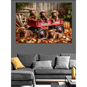 Küçük Arabada Yavru Köpekler Dekoratif Kanvas - Mdf Ahşap Tablo 50x70 cm