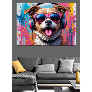 Gözlüklü Renkli Sevimli Köpek Dekoratif Kanvas - Mdf Ahşap Tablo 100x140 cm
