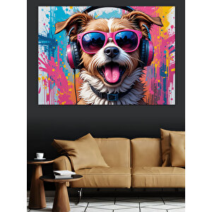 Gözlüklü Renkli Sevimli Köpek Dekoratif Kanvas - Mdf Ahşap Tablo 100x140 cm