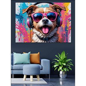 Gözlüklü Renkli Sevimli Köpek Dekoratif Kanvas - Mdf Ahşap Tablo 100x140 cm