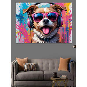 Gözlüklü Renkli Sevimli Köpek Dekoratif Kanvas - Mdf Ahşap Tablo