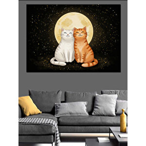 Ay Işığında Mutlu Kediler Dekoratif Kanvas - Mdf Ahşap Tablo 50x70 cm