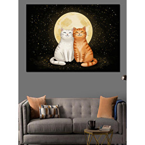 Ay Işığında Mutlu Kediler Dekoratif Kanvas - Mdf Ahşap Tablo 25x35 cm