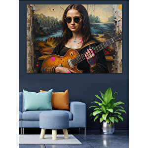Gitar Çalan Kadın Portre Dekoratif Kanvas - Mdf Ahşap Tablo 70x100 cm
