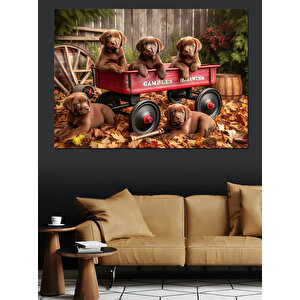 Küçük Arabada Yavru Köpekler Dekoratif Kanvas - Mdf Ahşap Tablo
