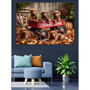 Küçük Arabada Yavru Köpekler Dekoratif Kanvas - Mdf Ahşap Tablo