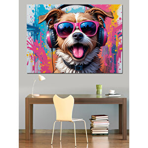 Gözlüklü Renkli Sevimli Köpek Dekoratif Kanvas - Mdf Ahşap Tablo