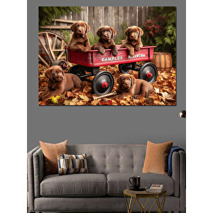 Küçük Arabada Yavru Köpekler Dekoratif Kanvas - Mdf Ahşap Tablo 70x100 cm