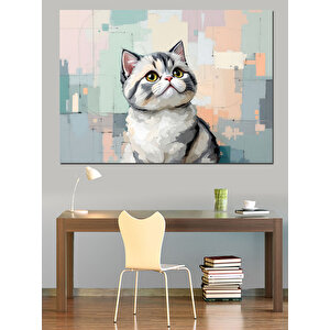 Beyaz Gri Tüylü Kedi Portresi Dekoratif Kanvas - Mdf Ahşap Tablo 70x100 cm