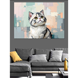 Beyaz Gri Tüylü Kedi Portresi Dekoratif Kanvas - Mdf Ahşap Tablo 70x100 cm