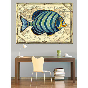Eski Haritada Tropikal Balık Dekoratif Kanvas - Mdf Ahşap Tablo 70x100 cm