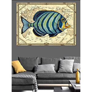 Eski Haritada Tropikal Balık Dekoratif Kanvas - Mdf Ahşap Tablo 70x100 cm