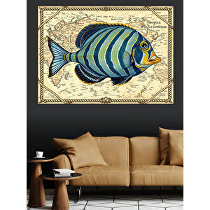 Eski Haritada Tropikal Balık Dekoratif Kanvas - Mdf Ahşap Tablo 70x100 cm