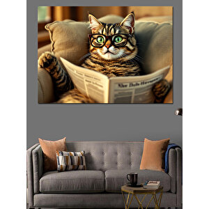 Gözlüklü Gazete Okuyan Kedi Dekoratif Kanvas - Mdf Ahşap Tablo 35x50 cm