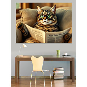 Gözlüklü Gazete Okuyan Kedi Dekoratif Kanvas - Mdf Ahşap Tablo 35x50 cm